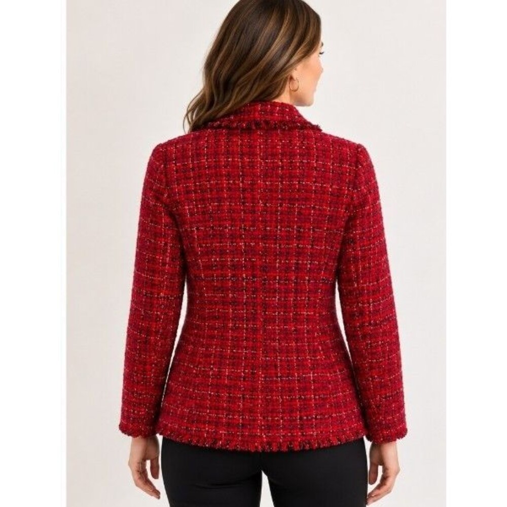 Chico's Red Tweed Blazer Jacket Fringe Metallic Open Front Women's US 1 (8) - Picture 2 of 8